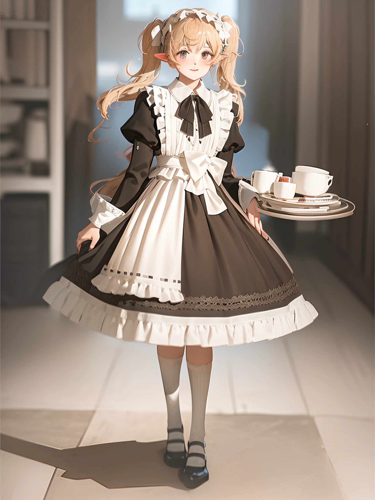 elf, girl, solo, full body, platinum blonde,twin tails, blue eyes, smiling, standing, holding a silver tray in one hand, with a ceramic tea set on the tray, 
Maid dress in a long dress in solid black (long sleeves, puff sleeves, white cuffs, cuffs with one black button, white collar, skirt to heel), 
white long apron dress (apron with breastplate, length to hem of skirt, shoulder straps, white lace ruffles at shoulder straps, large ribbon knot at the back), 
Red Ascot Thailand, Cameo to Ascot Thailand,
head headband with white lace ruffles, 
white stockings,
white panniers (lace hem of panniers), 
black enamel shoes (high heels),
Mucha style background