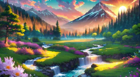 (best illumination, best shadow), scenic anime landscape, beautiful nature scenery, breathtaking view, majestic mountains, lush greenery, flowing streams and rivers, colorful flora and fauna, peaceful atmosphere, magical sunset.
