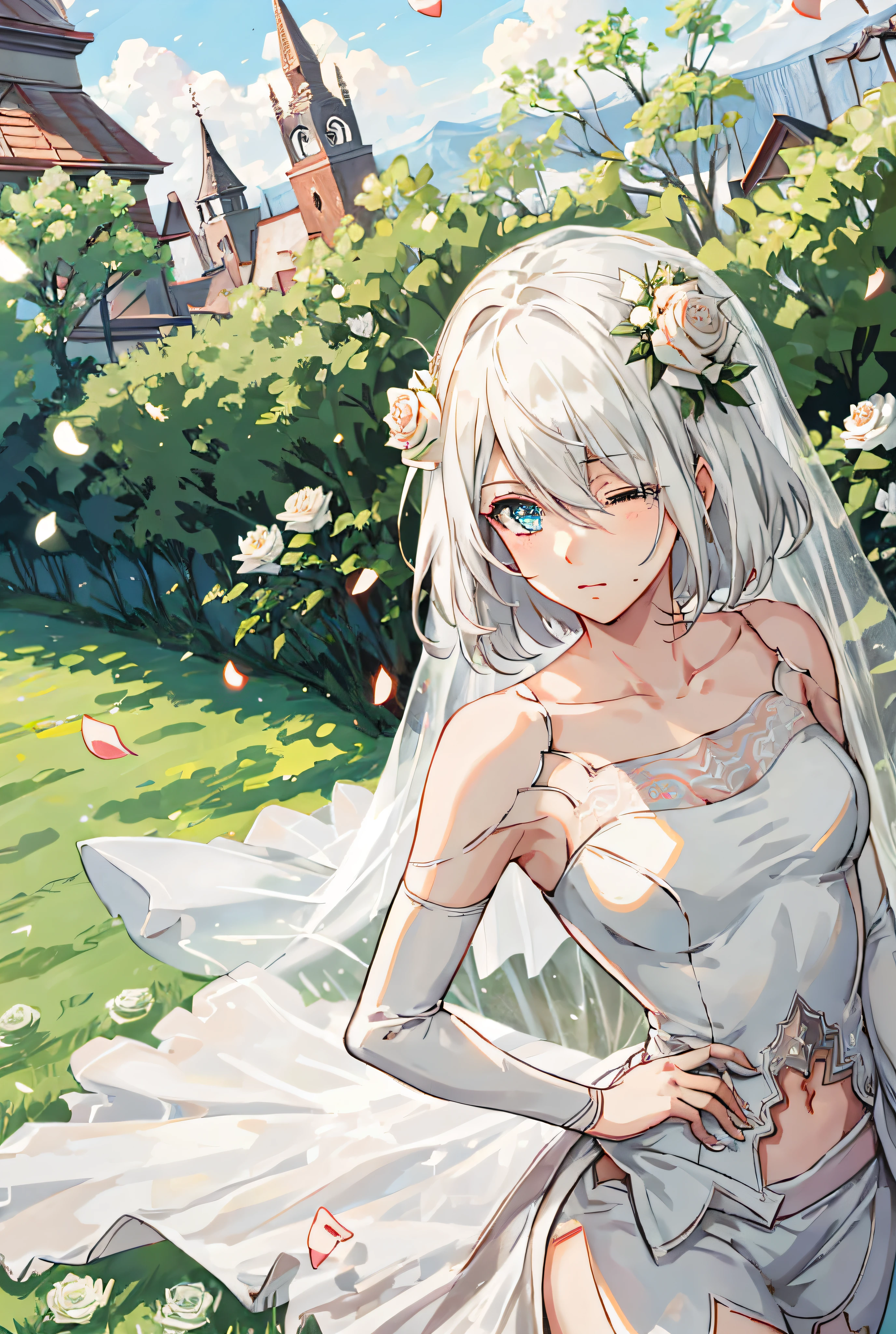 Masterpiece, best quality, 1 girl, Nier.2b\ (bride), hair in one eye, bridal veil, dress, thighs, faint smile, arms crossed, church, (white rose petals), normal fingers