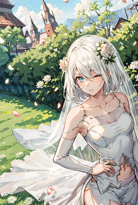 masterpiece, best quality, 1 girl, nier.2b\ (bride), hair in one eye, bridal veil, dress, thighs, faint smile, arms crossed, chu...