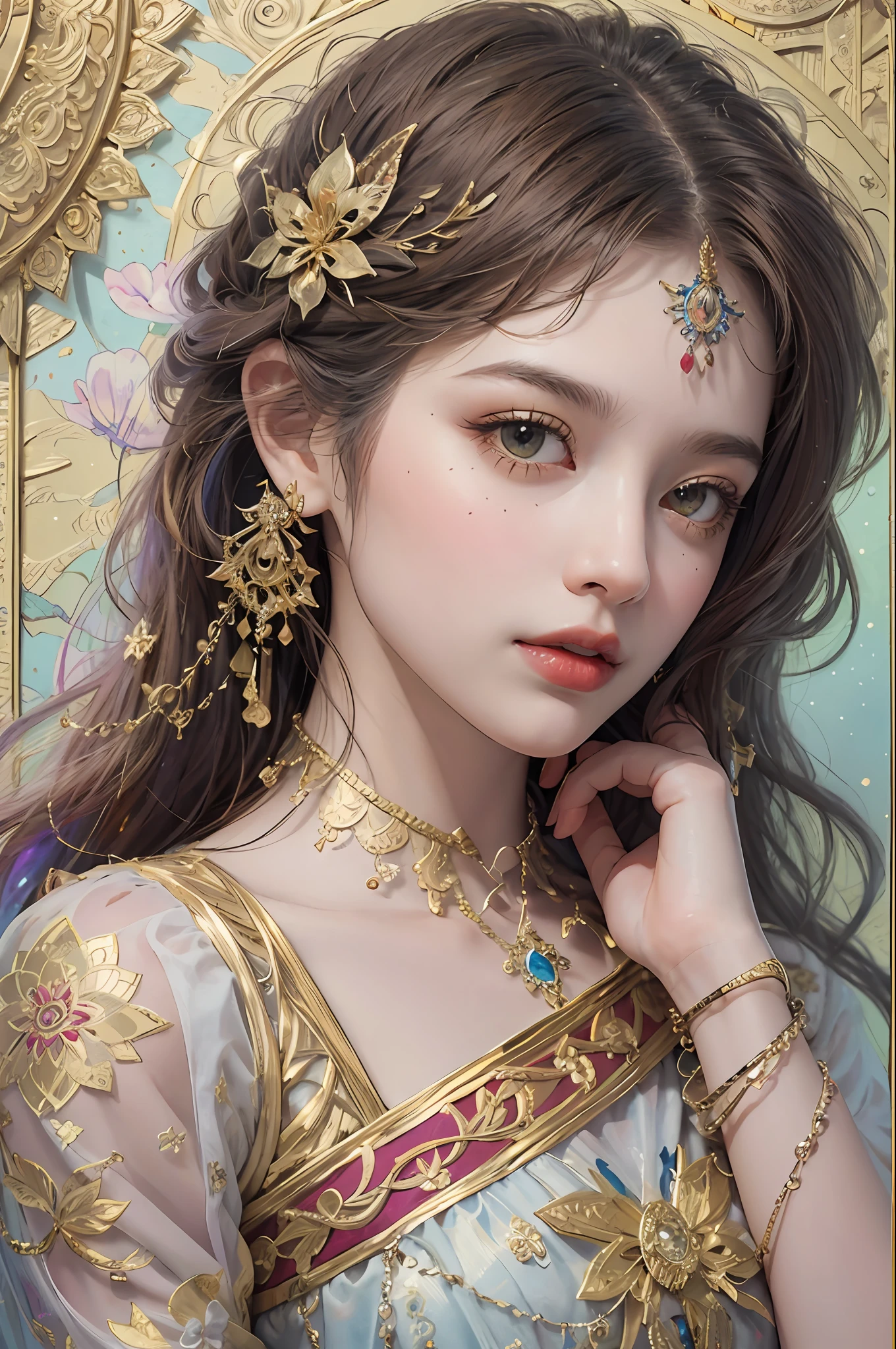 (masterpiece, top quality, best quality, official art, beautiful and aesthetic:1.2), (1girl), extreme detailed,colorful,highest detailed, official art, unity 8k wallpaper, ultra detailed, beautiful and aesthetic, beautiful, masterpiece, best quality, (zentangle, mandala, tangle, entangle) ,holy light,gold foil,gold leaf art,glitter drawing, PerfectNwsjMajic