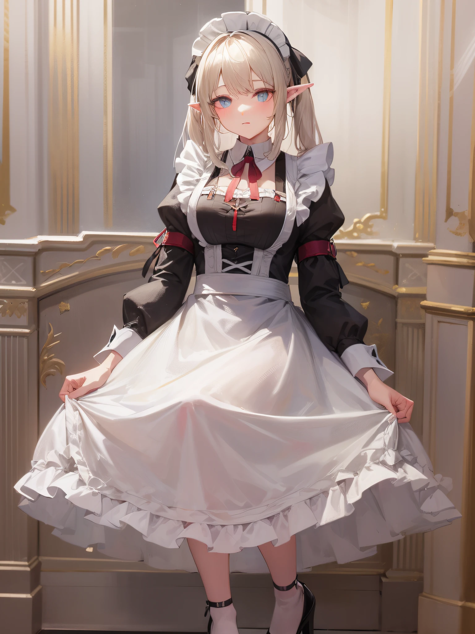 elf, girl, solo, full body, platinum blonde,twin tails, blue eyes, with a funny look, sit on bed, 
Maid dress in a long dress in solid black (long sleeves, puff sleeves, white cuffs, cuffs with one black button, white collar, skirt to heel), 
white long apron dress (apron with breastplate, length to hem of skirt, shoulder straps, white lace ruffles at shoulder straps, large ribbon knot at the back), 
Red Ascot Thai, 
head headband with white lace ruffles, 
white stockings,
white panniers (lace hem of panniers), 
black enamel shoes (high heels),
Mucha style background