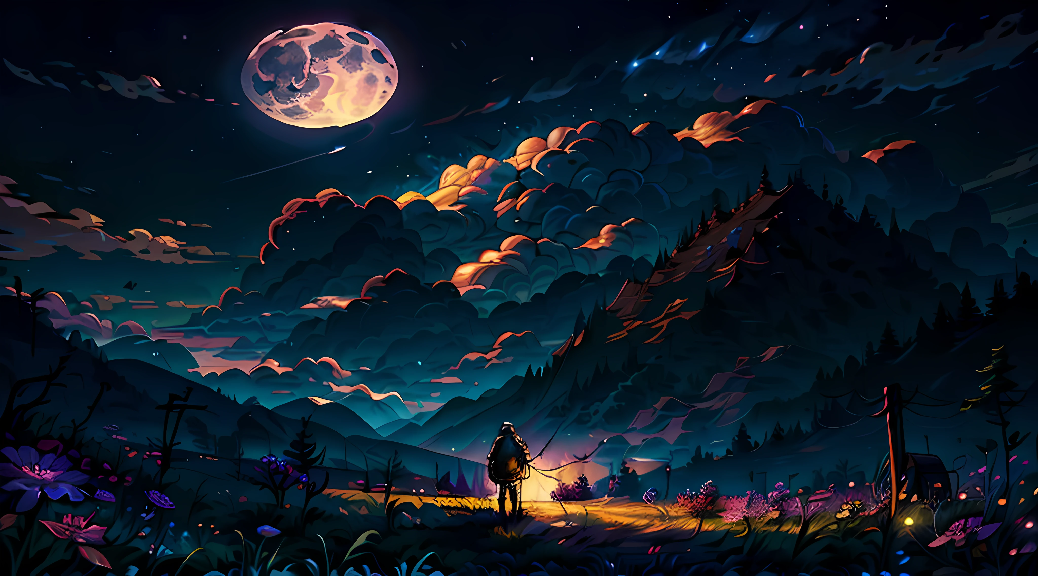 (Obra de arte:1.2, melhor qualidade), (Super detalhado), (ilustrado), (Super alto), (ilustração requintada), (Super detalhado), (ultra detalhe:1.3), light profissional lighting, iluminação cinematográfica, (nostálgico e pacífico: 1.3), profissional (pintura de paisagem) natureza, luar, luar on the meadow, 1 pessoa observando a lua, flores roxas na grama (nuvens) preto, noite escura, lua grande e cheia, Luz negra)