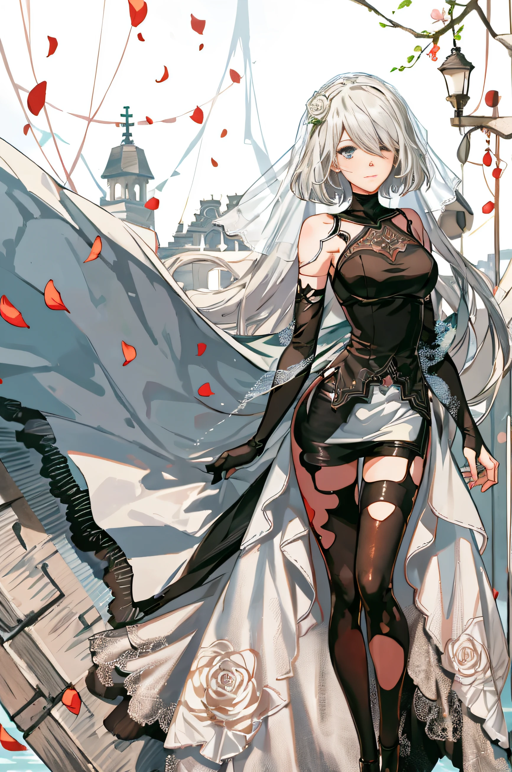 Masterpiece, best quality, 1 girl, Nier.2b\ (bride), hair in one eye, bridal veil, dress, thighs, faint smile, arms crossed, church, (white rose petals), normal fingers