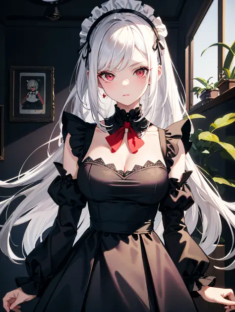 elf, girl, solo, full body, platinum blonde,twin tails, blue eyes, with a funny look, sit on bed, 
Maid dress in a long dress in solid black (long sleeves, puff sleeves, white cuffs, cuffs with one black button, white collar, skirt to heel), 
white long ap...