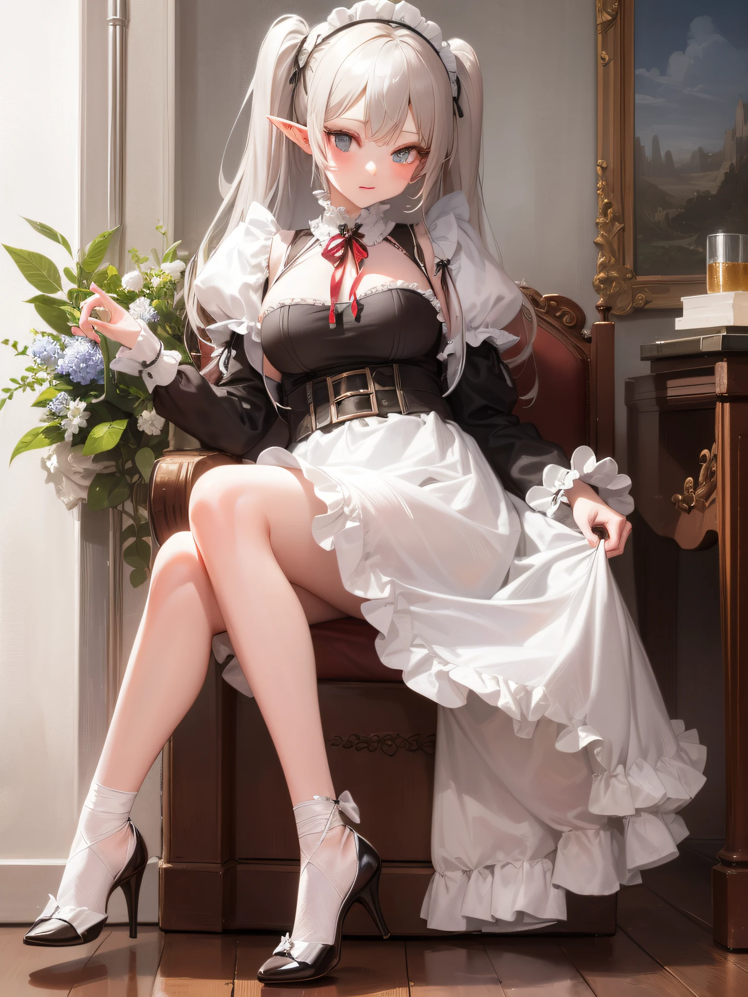 elf, girl, solo, full body, platinum blonde,twin tails, blue eyes, with a funny look, sit on bed, 
Maid dress in a long dress in solid black (long sleeves, puff sleeves, white cuffs, cuffs with one black button, white collar, skirt to heel), 
white long apron dress (apron with breastplate, length to hem of skirt, shoulder straps, white lace ruffles at shoulder straps, large ribbon knot at the back), 
Red Ascot Thai, 
head headband with white lace ruffles, 
white stockings,
white panniers (lace hem of panniers), 
black enamel shoes (high heels),
Mucha style background