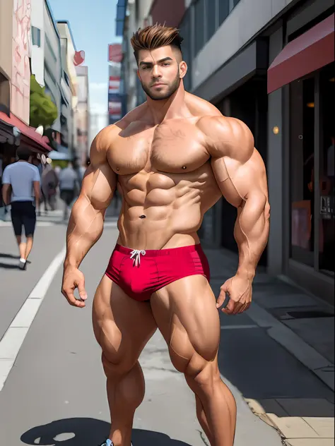muscle man walking on street, underwear thong, strong legs