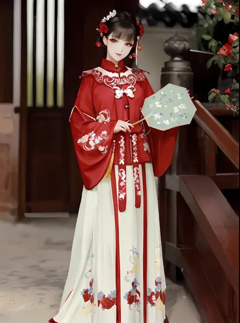 araffe dressed in a red and white kimono holding a fan, palace ， a girl in hanfu, hanfu, traditional chinese clothing, wearing a...