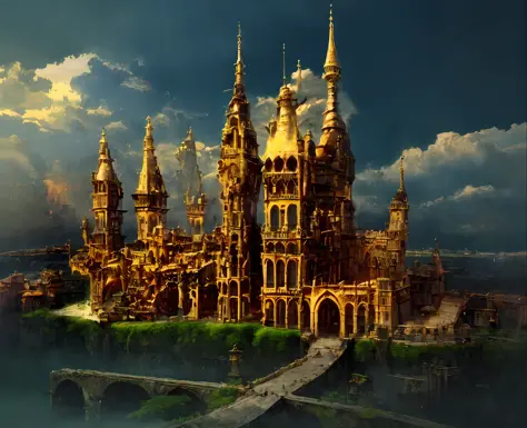 a close up of a castle with a clock tower on a hill, an immense floating castle, fantasy architecture, very far royal steampunk ...
