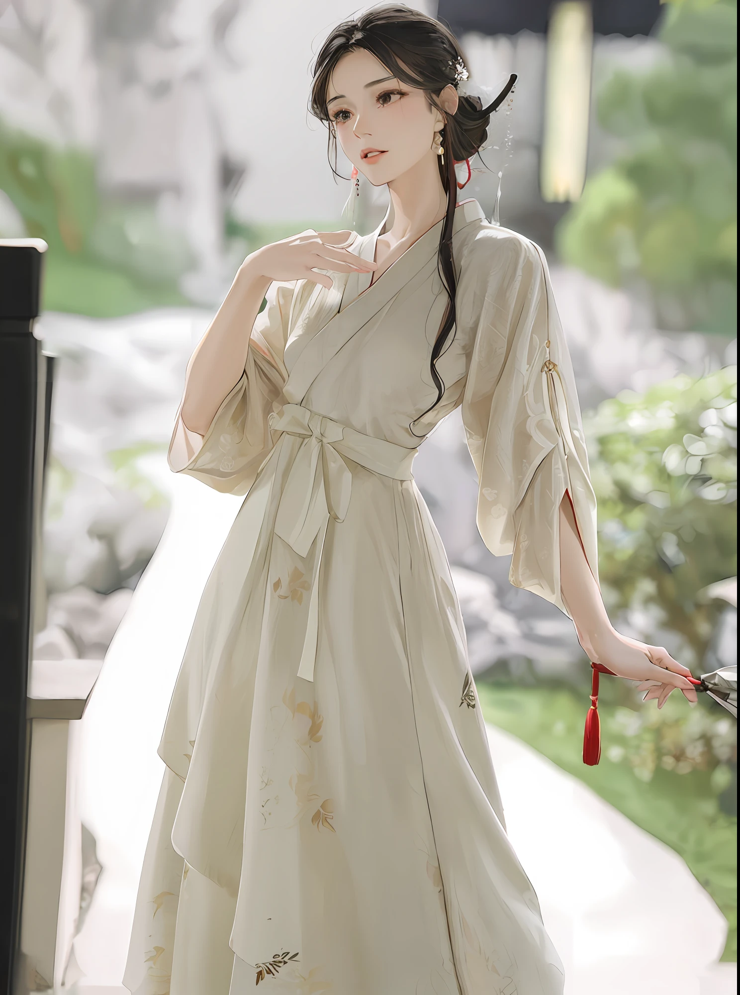 mujer araffe con un vestido blanco sosteniendo un paraguas rojo, hanfu blanco, hanfu, ropa tradicional china, palacio ， Una chica en Hanfu, vistiendo ropa china antigua, con ropa china antigua, túnica mágica que fluye, usando un vestido fluido, vistiendo túnicas simples, túnicas que fluyen, kimono pálido y coloreado, kimono largo y hermoso que fluye, vestido chino