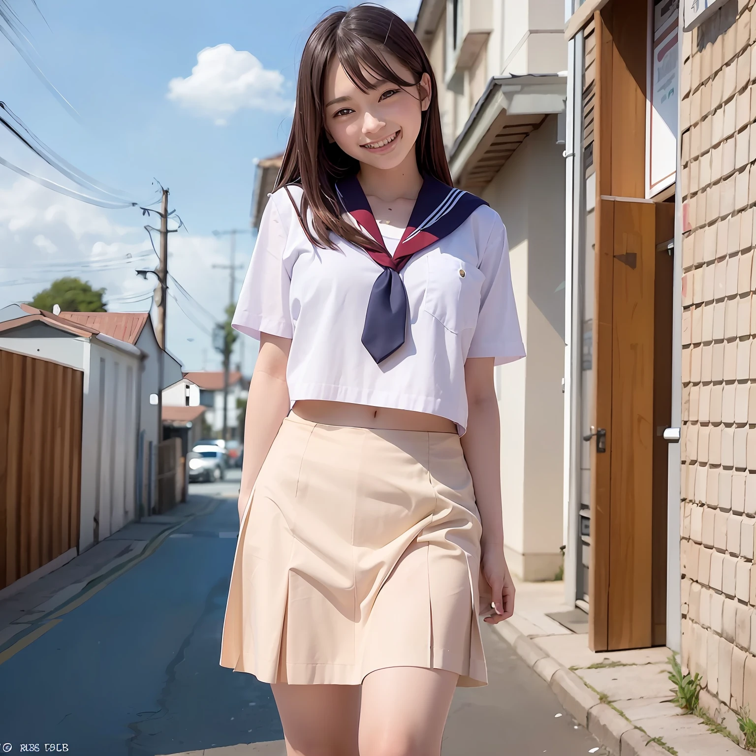 (8k, best quality, masterpiece: 1.2), (realistic, photorealistic: 1.37), super detailed, one girl, solo, cute, beautiful detailed sky, (smile: 1.2), (grin), beautiful detailed eyes, floating hair, (uniform: 1), stockings, full body, street, thin