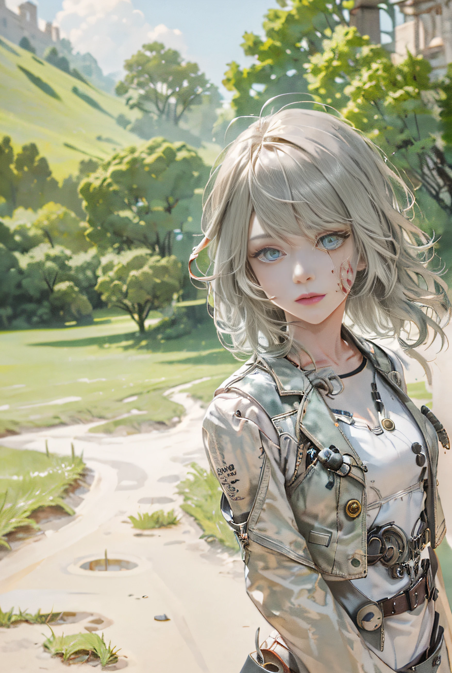 (absurd, high resolution, super detailed), 1 woman, mature female, old age, wavy long hair, split hair, heterochromatic, bangs, long sleeves, fine eyes and detailed face, extremely detailed CG Unity 8k wallpaper, intricate details, (style - country magic: 0.8), (medieval cyborg: 0.8), portrait, (blood: 0.7), looking at the audience, solo, half shot, detailed background, (steampunk theme: 1.1) determined expression, dark Kud technician, Floating lights, colorful leather vest with gears, technical clothing, jetpack, workshop in background, buttons, levers, automata, electricity, EDM epic atmosphere, portrait (very marked Carmelto)