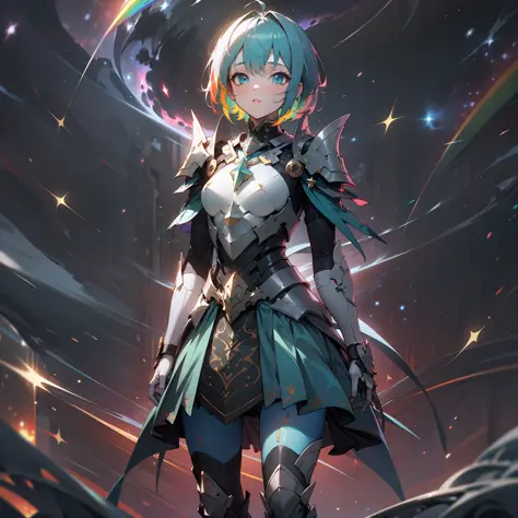 a girl, wildly rainbow colored short hair, dark fantasy, rainbow teal colored dress armor, standing, cosmic nebula background, stars, galaxies, surrounded by dark machines and shadows