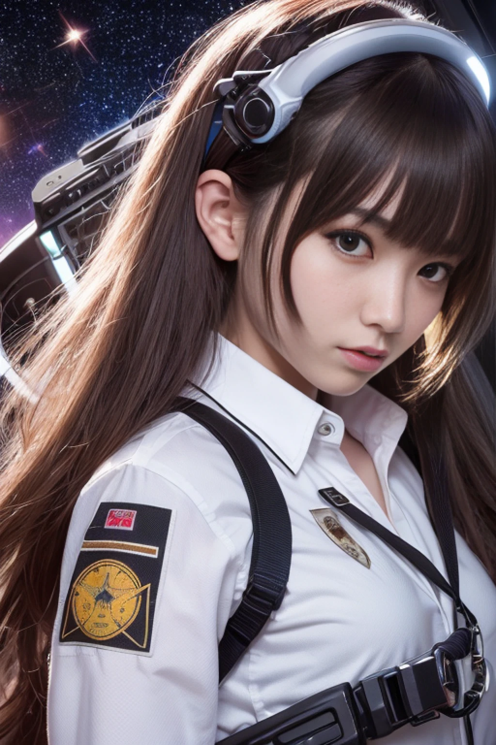 best quality, detailed, Japanese cyborg girl with long hair in space, robot, cowboy shot, black ring, glowing eyes, (official art), norm pika, white shirt, close up, 1girl, best quality, bangs, wearing Catholic school uniform, walking, 32k, focus, love scene,