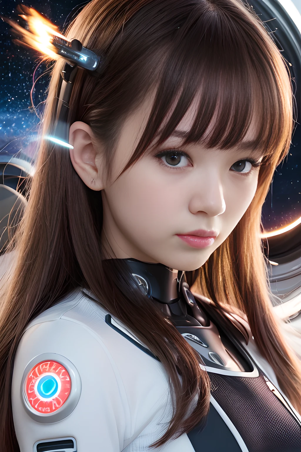 Best quality, detailed, Japanese cyborg girl with long hair in space, robot, cowboy shot, black ring, glowing eyes, norm pika, white shirt, close up, 1girl, best quality, bangs, wearing a Catholic school uniform, walking, 32k, focus, Love Scenes,