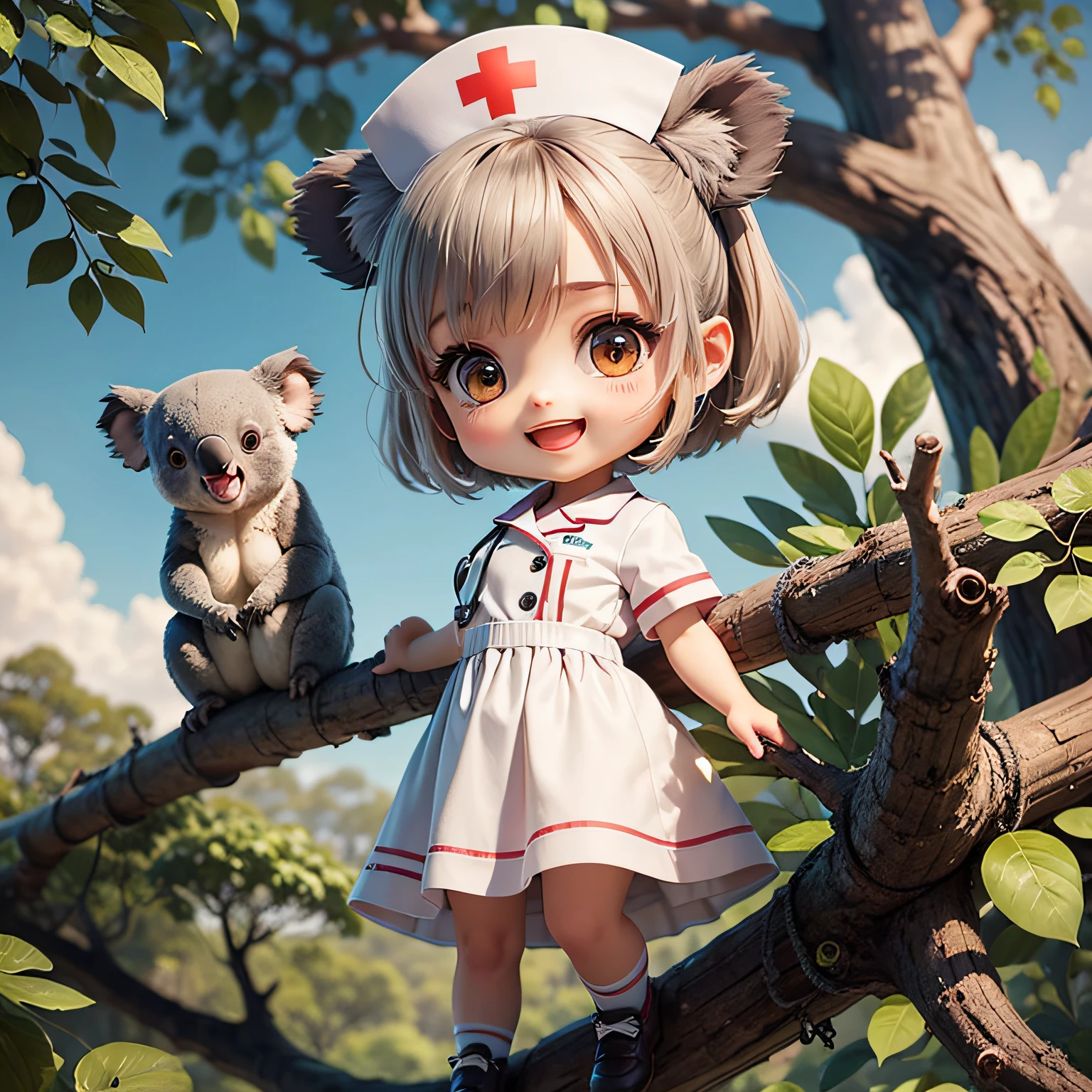 Masterpiece, Top Quality, Super Detail, One Koala Girl, Chibi Chara, Nurse Uniform, Smile, Open Mouth, Full Body, Climbing a Tree, Bent Over, Looking at the Camera, Clear Sky, Wide Sky, Big Tree, Beautiful View, Distant Shot