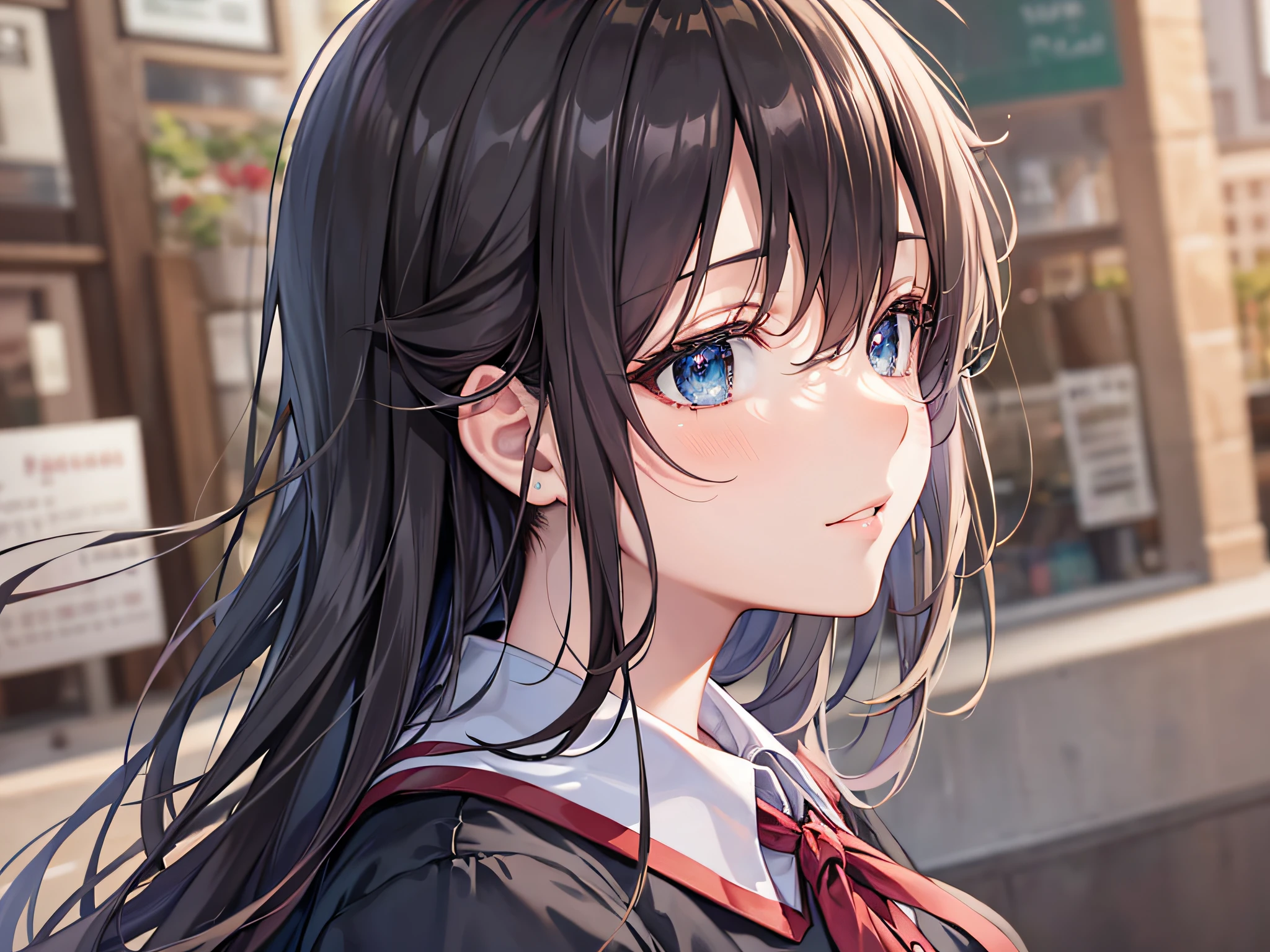 Anime high school girl, uniform, café, perfect black hair girl, flowing ...