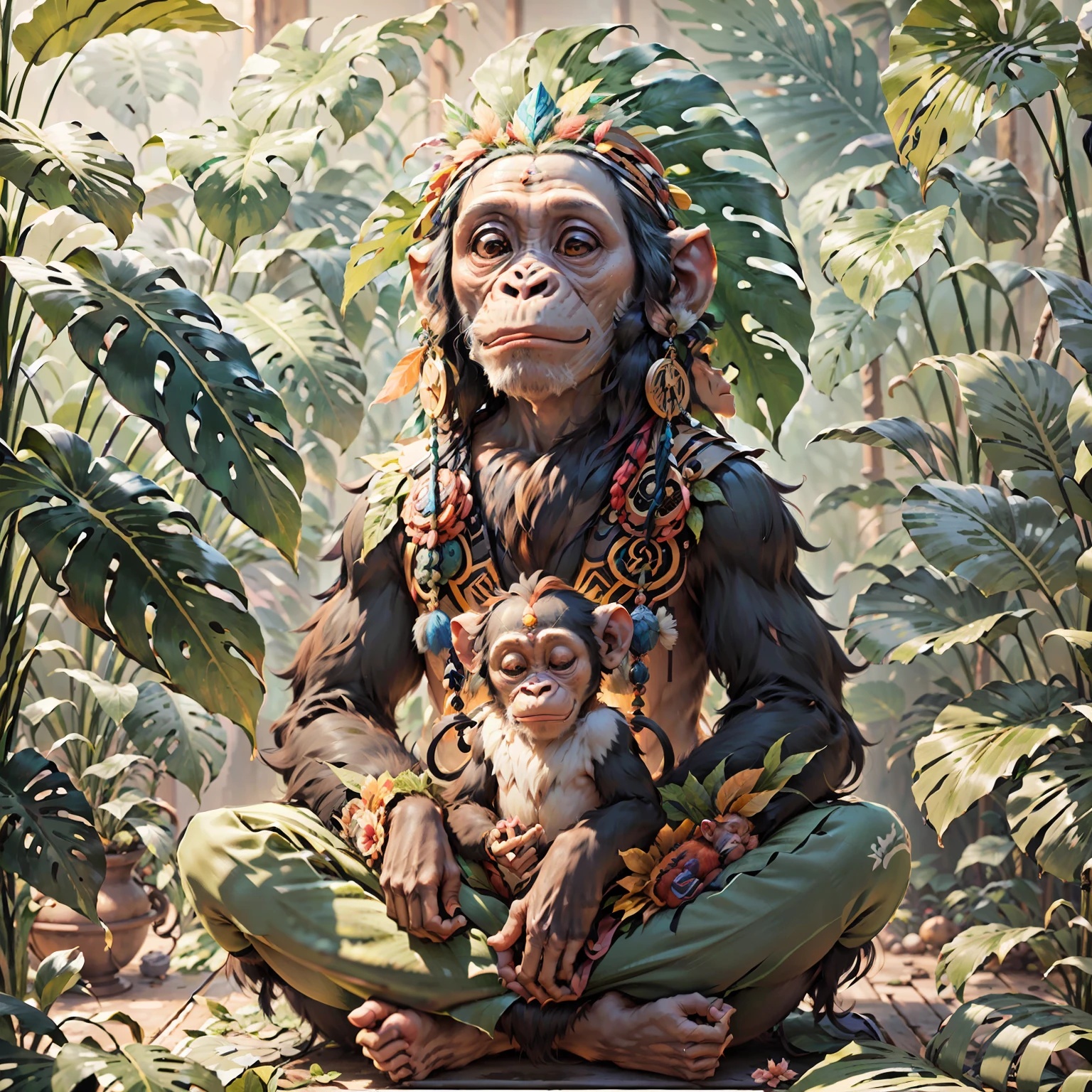 Cachorro de chimpancé con tocado indígena en la cabeza, ((Meditando)) grandes plumas de colores, Frente a la cámara, detalle: sentado en medio de un denso follaje tropical, highly detalleed intricate, ((obra maestra)), ultra hyperrealistic, obra maestra