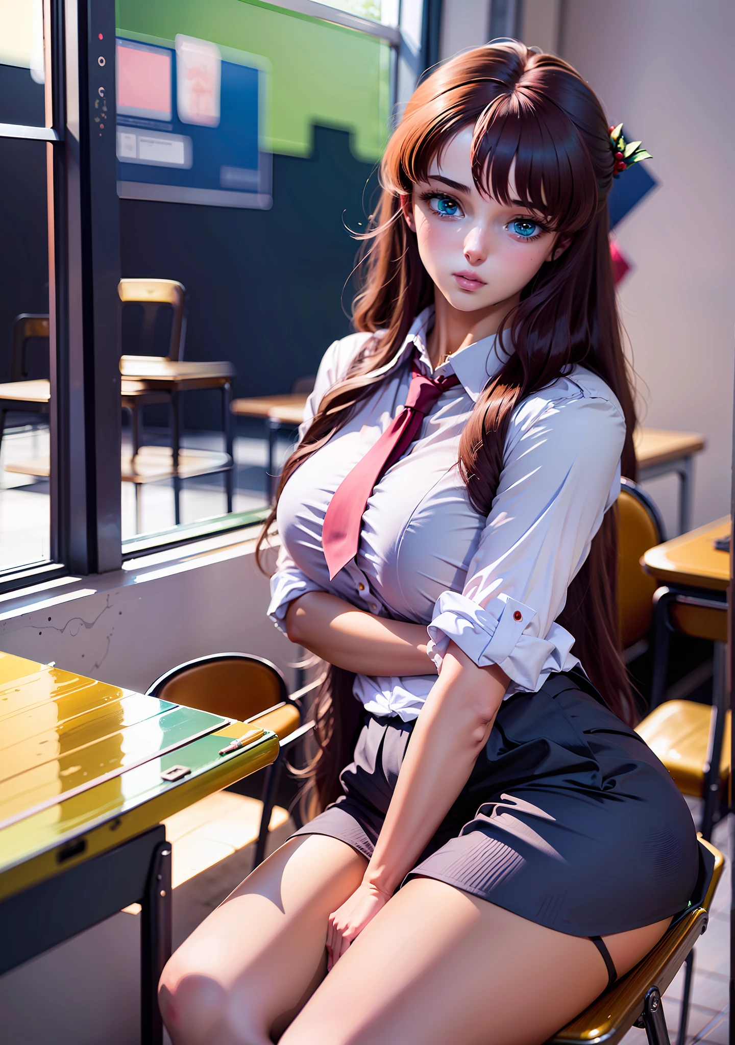 (anime, masterpiece, highres, best quality, ultra detailed, detailed background: 1.2), 1girl, long hair, pale skin, large sagging breasts, , red tie, blue skirt, classroom, spectator from the front, sitting, chest rest on the table, wet clothes, wet shirt, pink bra, flustered, full face blush,ulzzang (PureErosFace_V1:0.7)