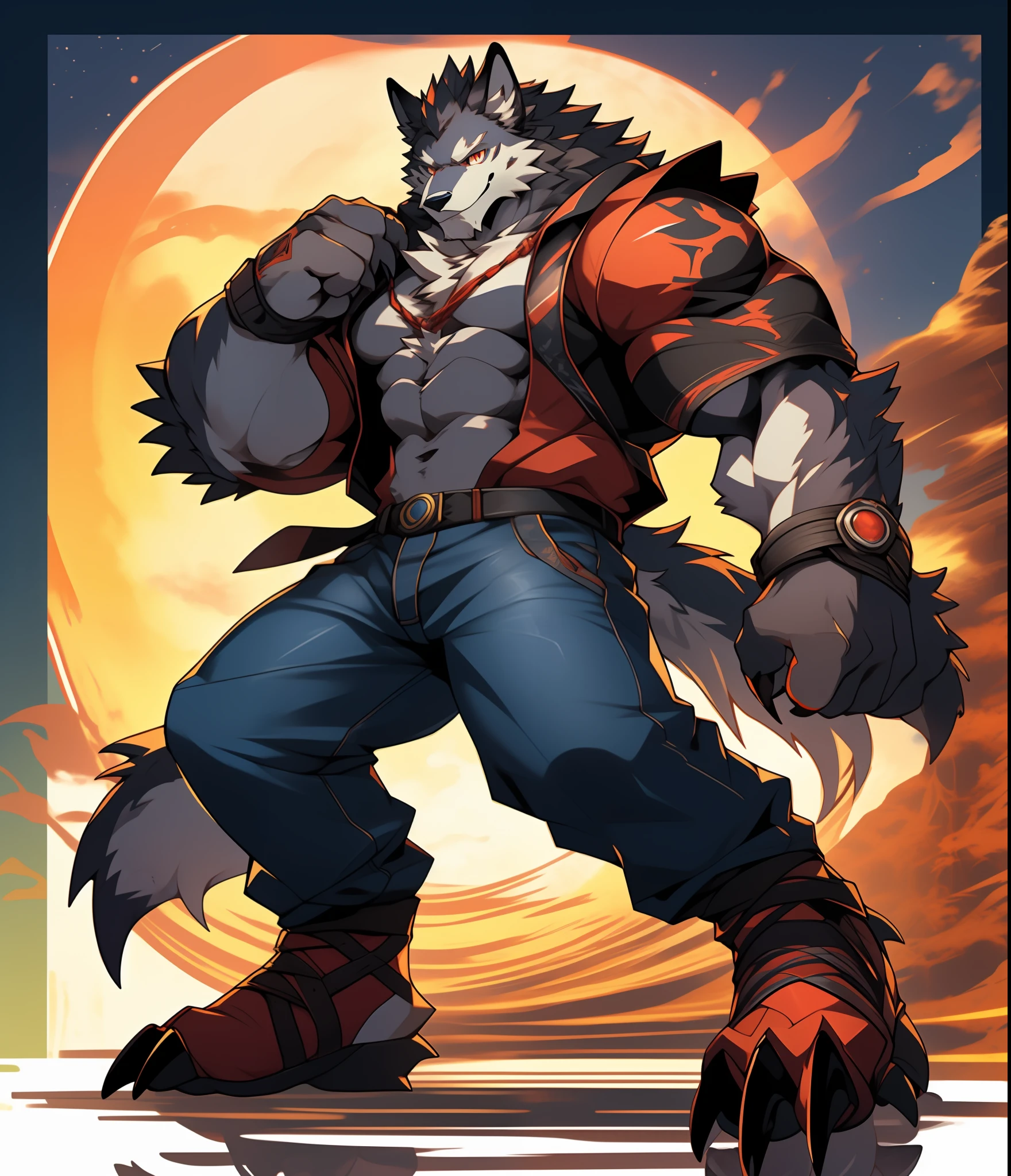 Furry muscular werewolf male in pants, furry art, muscular werewolf, high resolution committee, full body committee, furry anime, flesh art council, furry flsona, gorgeous werewolf flsona, furry, furry art, smile, sharp claws, two legs, human wolf, as characters in Tekken, furry characters, fleur art