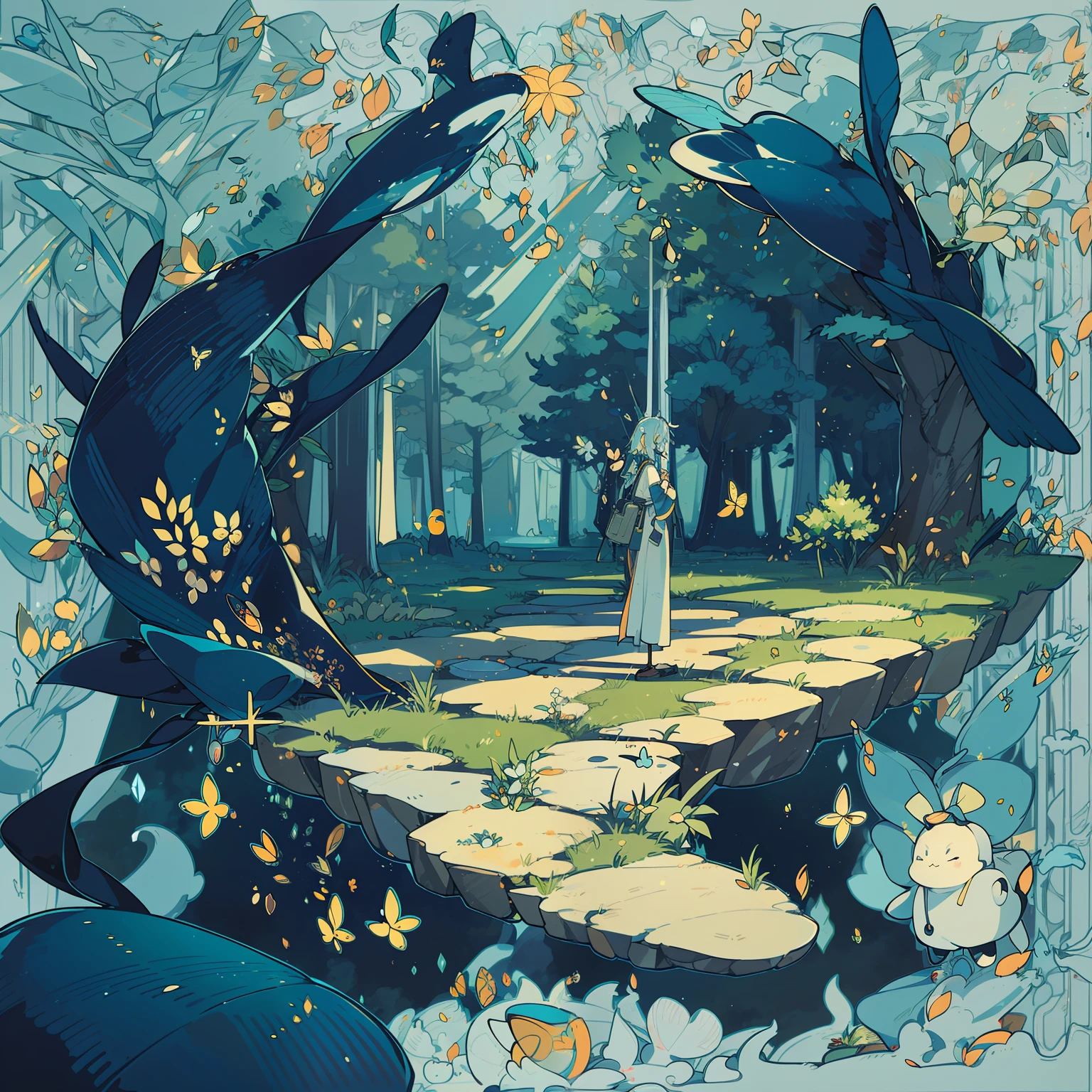 A girl in the center of the picture, masterpiece, best quality, (very detailed CG unity 8k wallpaper), (best quality), (best illustration), (best shadow), forest theme with natural elements. Tall trees, quiet streams, glowing small mushrooms, surrounded by delicate leaves and branches, and fireflies and glowing particle effects, (natural elements), (jungle theme), (leaves), (branches), (fireflies), butterflies, (delicate leaves), (glow), (particle effects), isometric 3D, Octane rendering, ray tracing, super detailed,