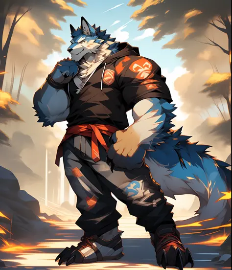 Furry muscular werewolf male wearing only pants, furry art, muscle werewolf, high resolution committee, whole body committee, fu...