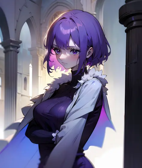 1girl, purple hair, short hair, bangs, eyes covered, tired, sad, depressed, emotionless, cold, purple clothes, castle, pale skin