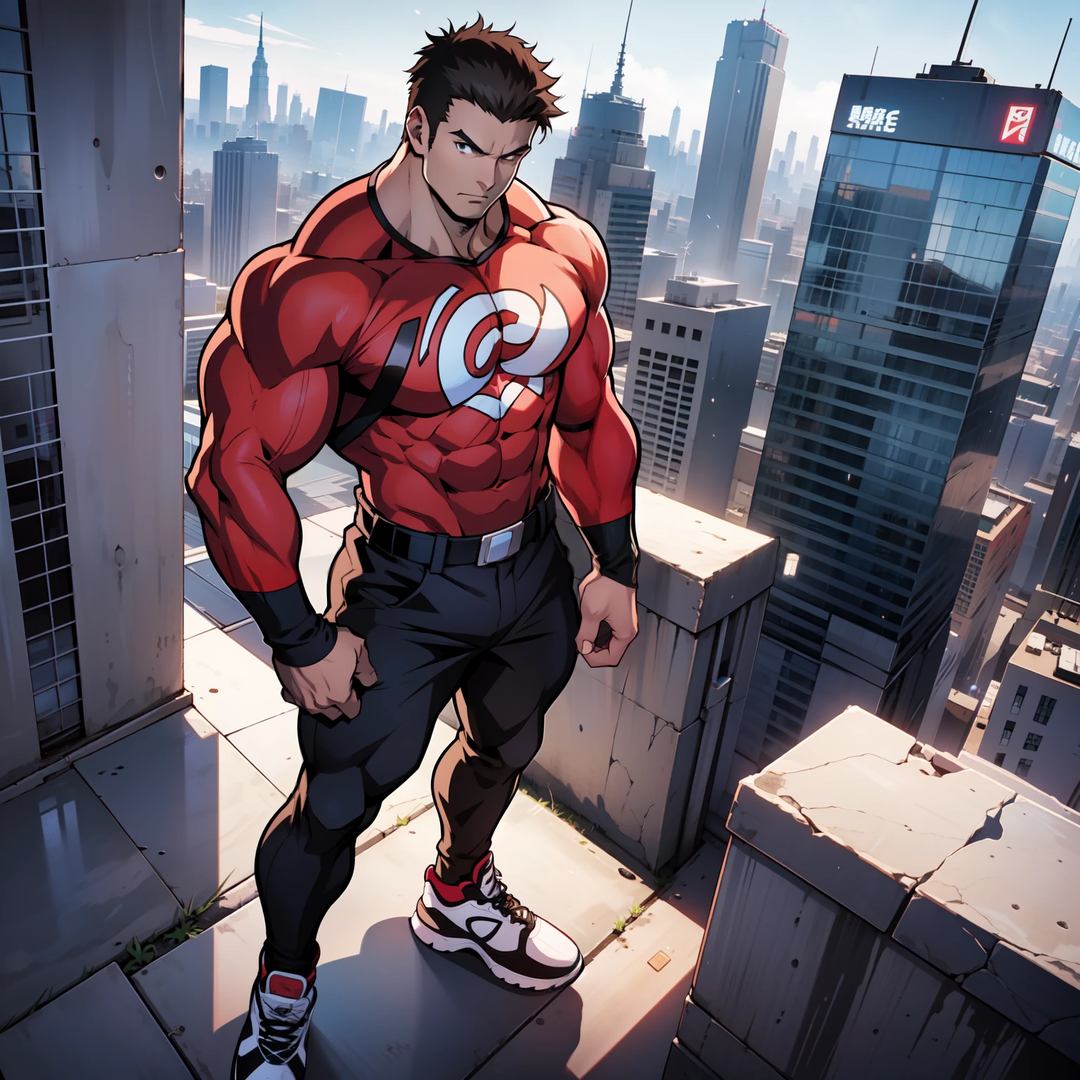 (((Anime-style art))), high quality, photo at a high angle, full body, showing an extremely muscular male character, bodybuilder body. The Character is wearing a red blouse with black sleeves, is wearing black pants, is wearing white sneakers. The character has short dark brown hair, the character is extremely muscular, is a hero in an imposing pose. The character is on top of a tall building looking out over the city of it. Tall buildings, urban setting, muscular male character.