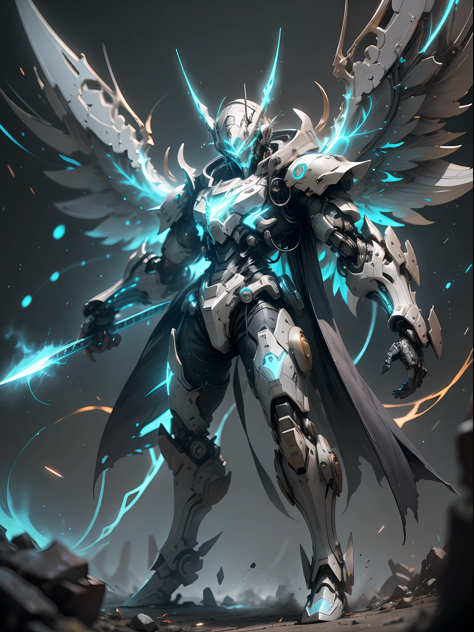 Blue Ghost Hunter, super cool Ghost Killer, has huge mechanical wings, wears blue mechanical armor, lightning surrounds, holds a katana, comes with great momentum, frontal perspective, perfect body proportions, tall figure, full body photo, super detail, realistic, shiny, reflective, bioluminescence, galactic cybernetic mask, mecha, (executioner: 1.2), cape, SH4G0D, GlowingRunes_red, full body, movie, dark background, backlight, high contrast,