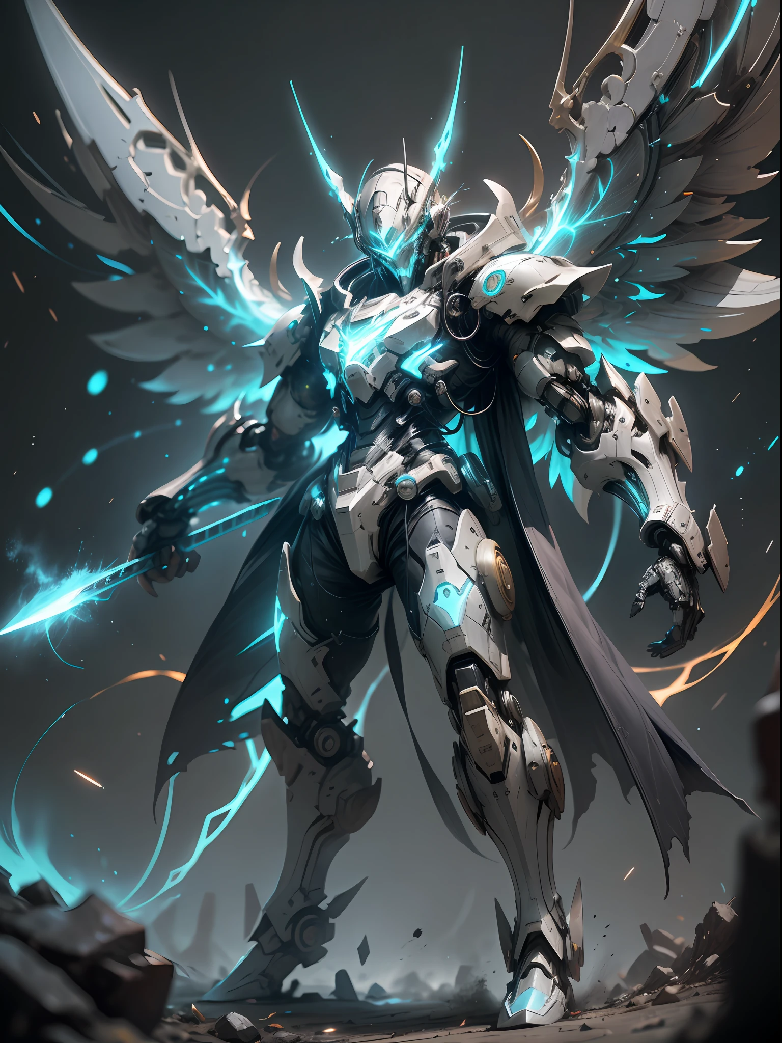 นักล่าผีสีฟ้า, นักฆ่าผีสุดเจ๋ง, has huge เมชาnical wings, wears blue เมชาnical armor, สายฟ้าแลบล้อมรอบ, ถือคาทาน่า, มาพร้อมโมเมนตัมอันยิ่งใหญ่, มุมมองด้านหน้า, สัดส่วนของร่างกายที่สมบูรณ์แบบ, รูปร่างสูง, เต็มตัว photo, รายละเอียดสุดยอด, เหมือนจริง, มันเงา, สะท้อนแสง, การเรืองแสงจากสิ่งมีชีวิต, หน้ากากกาแลกติกไซเบอร์เนติกส์, เมชา, (เพชฌฆาต: 1.2), แหลม, sh4g0d, เรืองอักษรรูน_สีแดง, เต็มตัว, ภาพยนตร์, พื้นหลังสีเข้ม, แสงไฟ, คอนทราสต์สูง,