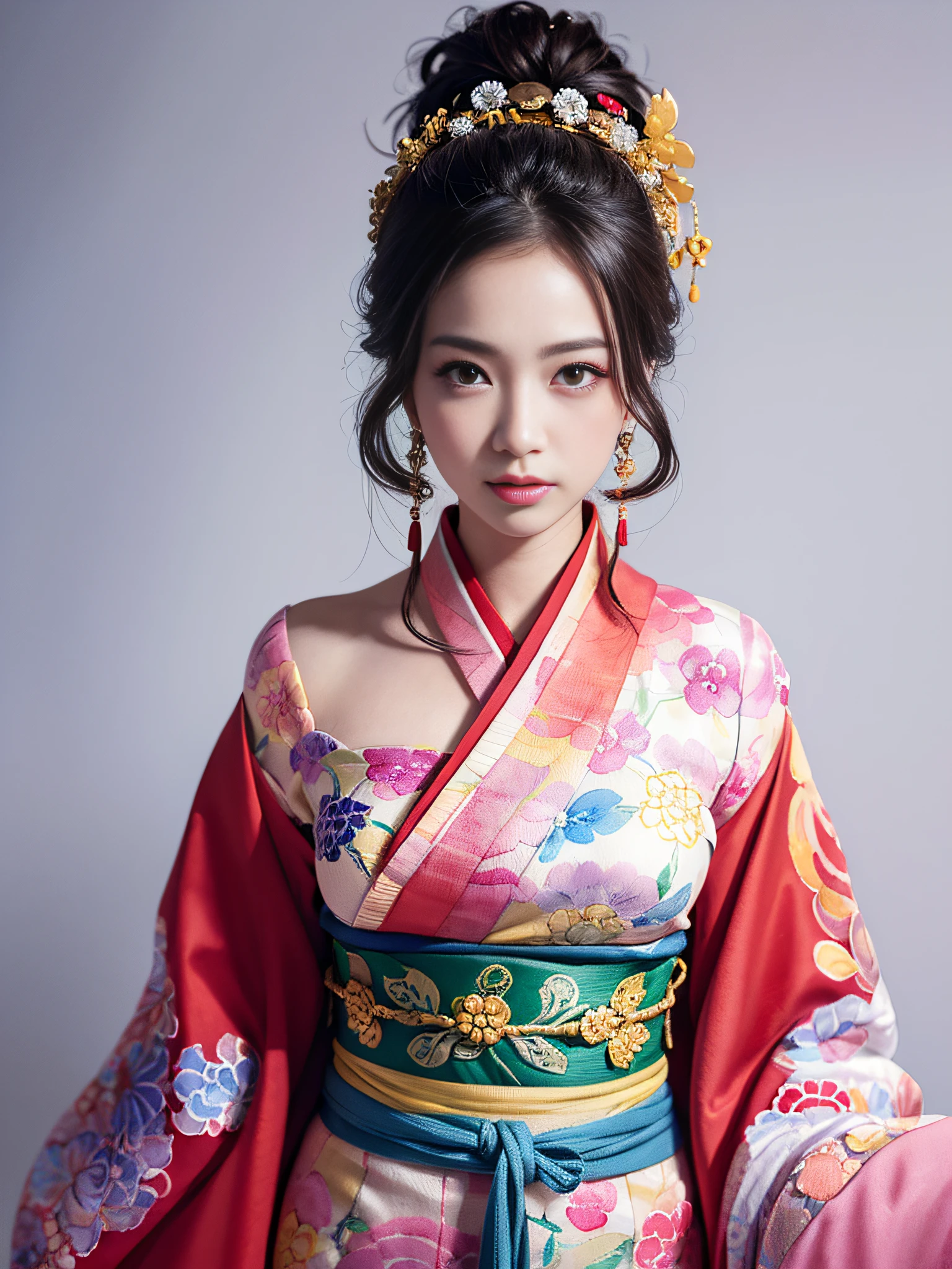 (masterpiece:1.2, best quality), (very detailed face, real picture, realistic skin, realistic body, intricate details), solo, 1milf, casual,ukiyo-e, (Watercolor:1.3), Oiran,girl,midjourney portrait,汉服