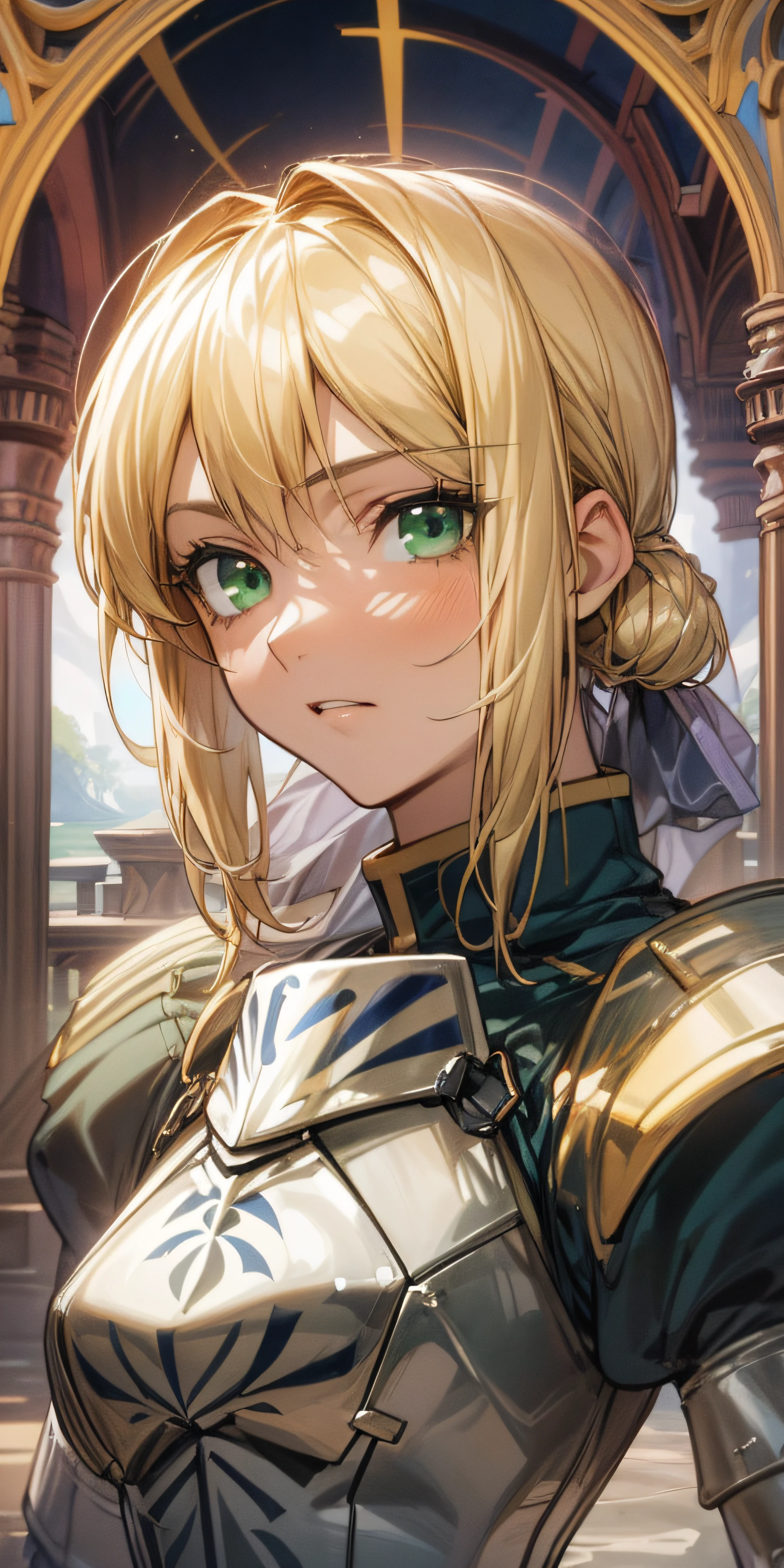 Artoria Pendragon \ (Destiny\, masterpiece, best quality, high resolution, super detailed, art book, anime coloring, CG, illustration, fantasy, 1 girl, solo, male focus, looking at the audience, attorian pendragon \ (destiny\), armor, detailed beautiful face and eyes, bridge of the lake, capable slender figure, dexterous dynamics, dim light around the girl gathered on the girl, blonde hair, green eyes, holiness, clean, hardworking, determined eyes