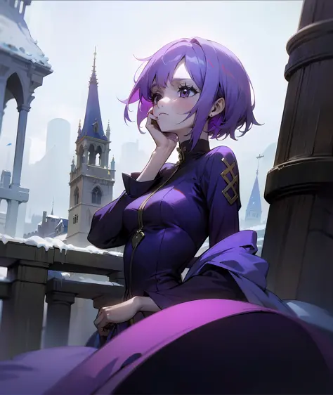 1girl, purple hair, short hair, bangs, eyes covered by hair, tired, sad, depressed, emotionless, cold, purple clothes, castle, pale skin