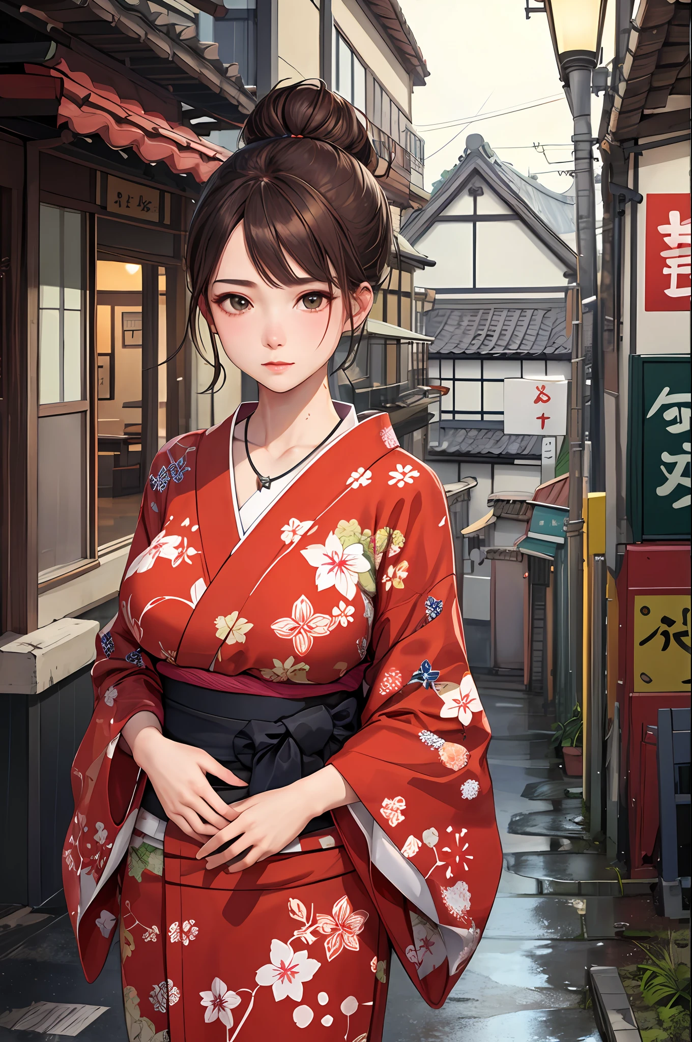 masterpiece, top quality, realistic, subsurface scattering, chromatic lighting,

Colorization, red + white + green + black limited color palette, detailed concept drawing, line art, illustration, brown hair, big breasts

fashion, printed yukata,

18 years old 1 girl, medium soft breasts, slender, hair up,

shy, straight hair, necklace, revealing, Japan, town, street, rain, wet,