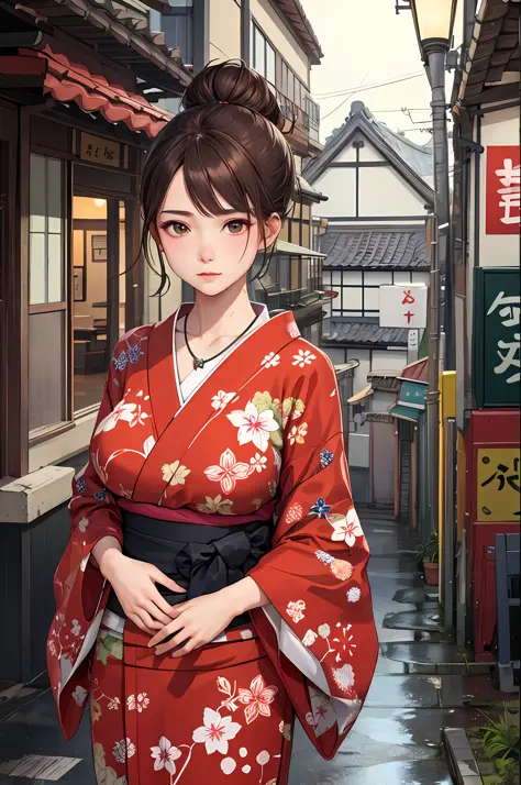 masterpiece, top quality, realistic, subsurface scattering, chromatic lighting,

Colorization, red + white + green + black limited color palette, detailed concept drawing, line art, illustration, brown hair, big breasts

fashion, printed yukata,

18 years ...