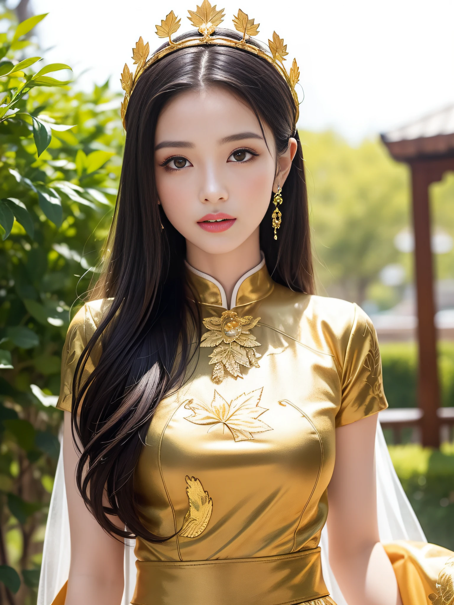 (Half length photo: 1.6), (face shot), (face specific), (single person), ((single person)), black hair, a sorrowful girl, (exquisite white short skirt), (black cloths: 2.0), silk, brocade, gold thread, phoenix pattern, pattern, (many Golden patterns: 1.7), exquisite patterns, hairbands, cool clothing, many streamers, many ribbons, golden patterns, patterns, dark lines, transparent clothing, white skin, thin gauze texture, Black hair, master works, close shot, depth of field, ruby, Ruby decoration, crystal headdress, beautiful girl, Sunset, dusk, eventing, ray, phoenix crown, exquisite clothes, exquisite details, eye highlights, exquisite clothes, exquisite patterns, ancient style, Chinoiserie style, fine portrayal, extreme details, movie quality, thin, thin, hair details, thin bangs, (curl: 1.7), correct body, shadow, air bangs, 8K, super delicate, delicate brocade texture, smooth, silky, silk, skirt fabric, (thin gauze: 1.9), smooth, smooth texture, good color, Outdoor, forest, maple leaf, maple forest, maple tree, correct hand painting,