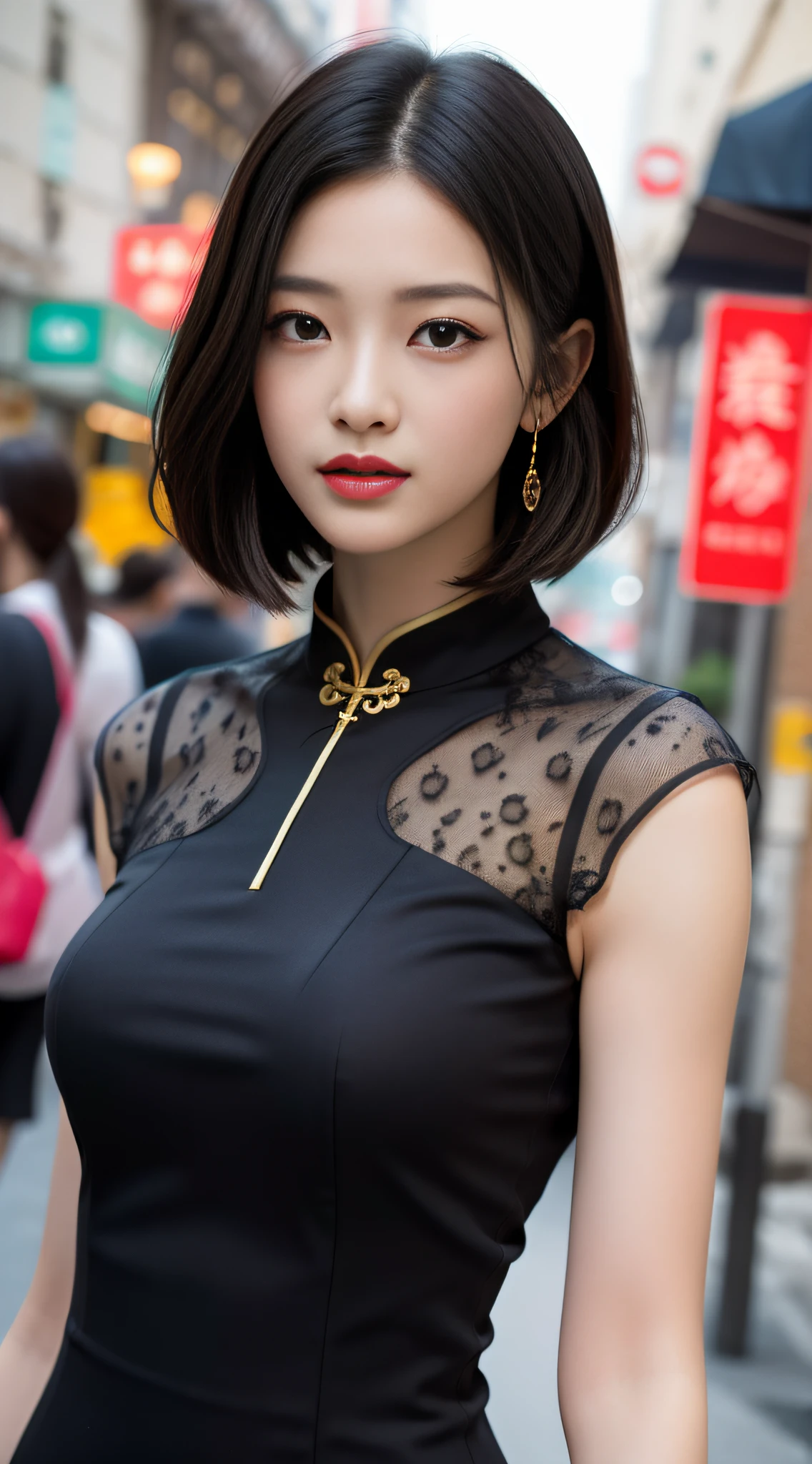 une belle fille, traits du visage exquis, visage exquis, cheveux courts noirs style Hong Kong, Coiffure exquise, beau et pur, tempérament raffiné, Figurine modèle, Silhouette mince et élancée, noble cheongsam, Gros plan du haut du corps, Résolution 8k, la plus haute qualité d&#39;image, Texture réelle 5.0, Dame Cosmo, rue, secrétaire du président, les femmes matures, visage mince