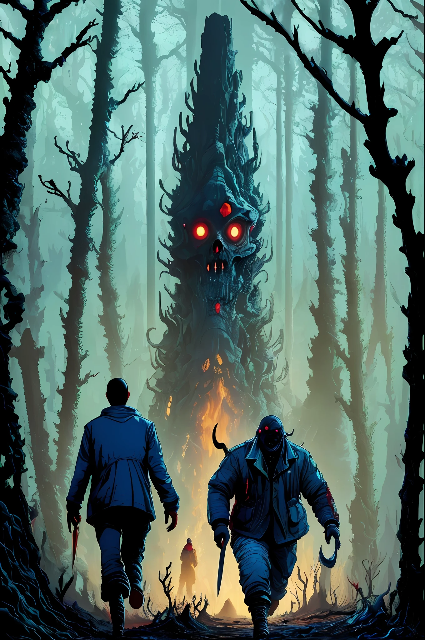 Middle-aged man with blood-stained axe and lumberjack clothes chasing young man in forest, war, horror, cosmic terror, dark tones, morbid atmosphere, nuclear disaster, dystopia, catastrophe, mysticism, occult, creepy,nightmare,blood,Apocalypse, Lovecraft, Anime by Kilian Eng