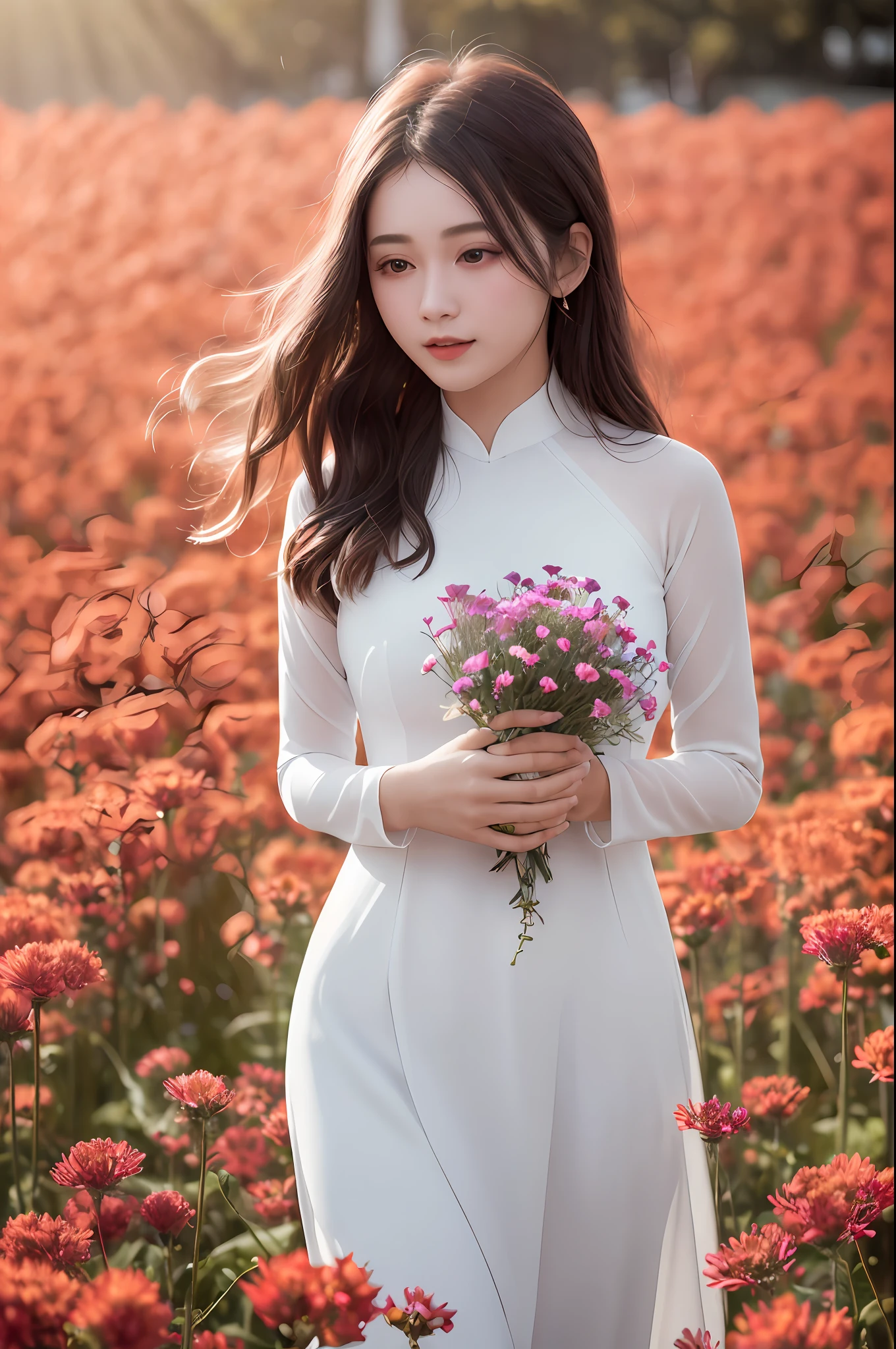 a beautiful girl in white aodai , masterpiece, best quality, realistic:1.3,in a field of flowers, holding bundle of flowers, sunlight, backlighting