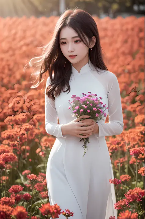 a beautiful girl in white aodai , masterpiece, best quality, realistic:1.3,in a field of flowers, holding bundle of flowers, sun...