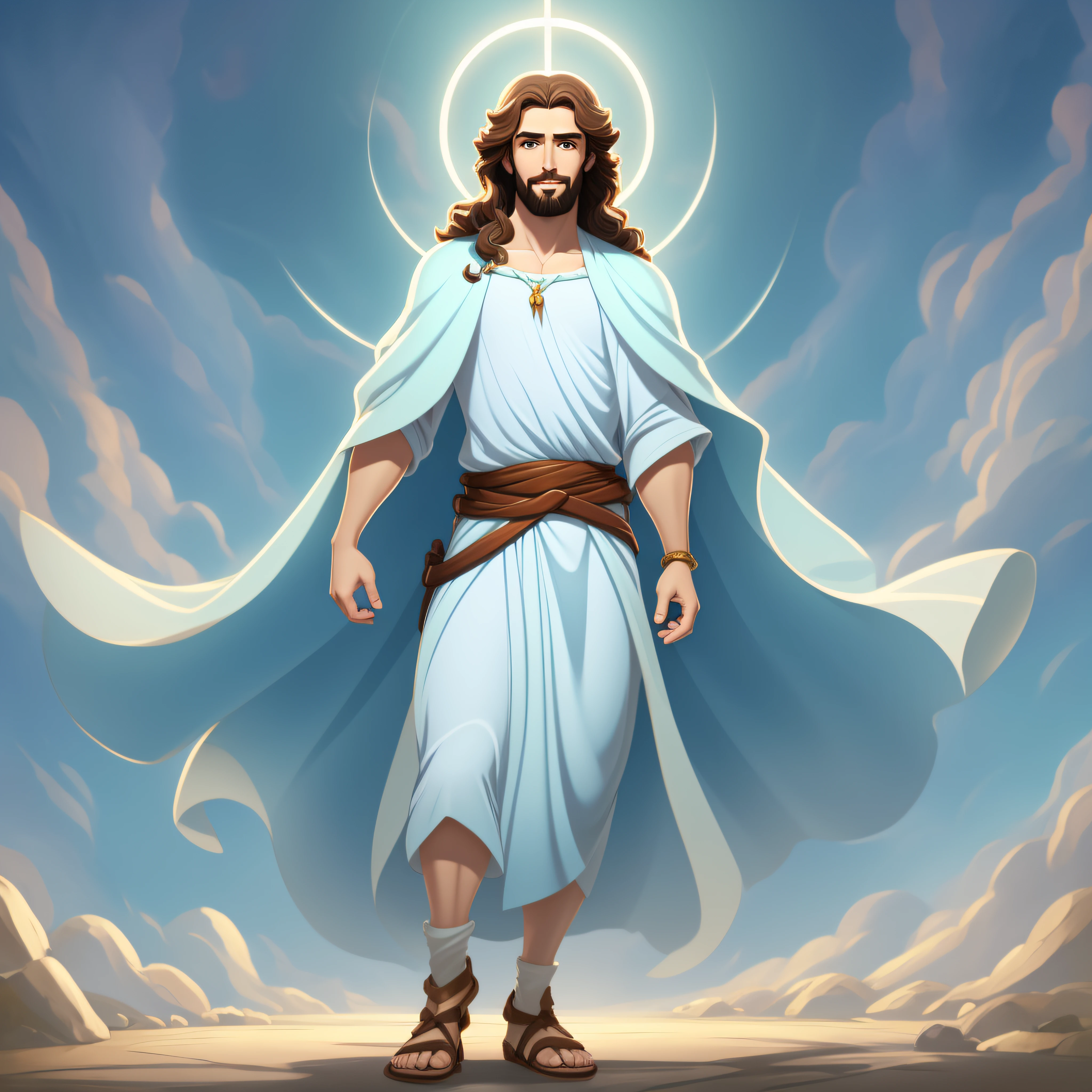 Calidad de arte original, imagen de cuerpo completo, Estilo de animación de personajes de Disney., joven y guapo jesús dios, Postura de pie, manos colocadas naturalmente a ambos lados, pensando en el futuro, suave expresión sonriente, ojos llenos de luz, fondo azul claro, translúcido, Temática de luz, El foco de la luz está en los personajes., la imagen general es fresca y brillante. --auto --s2