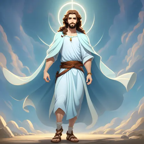 Original art quality, full body image, Disney character animation style, young and handsome Jesus God, standing posture, hands n...