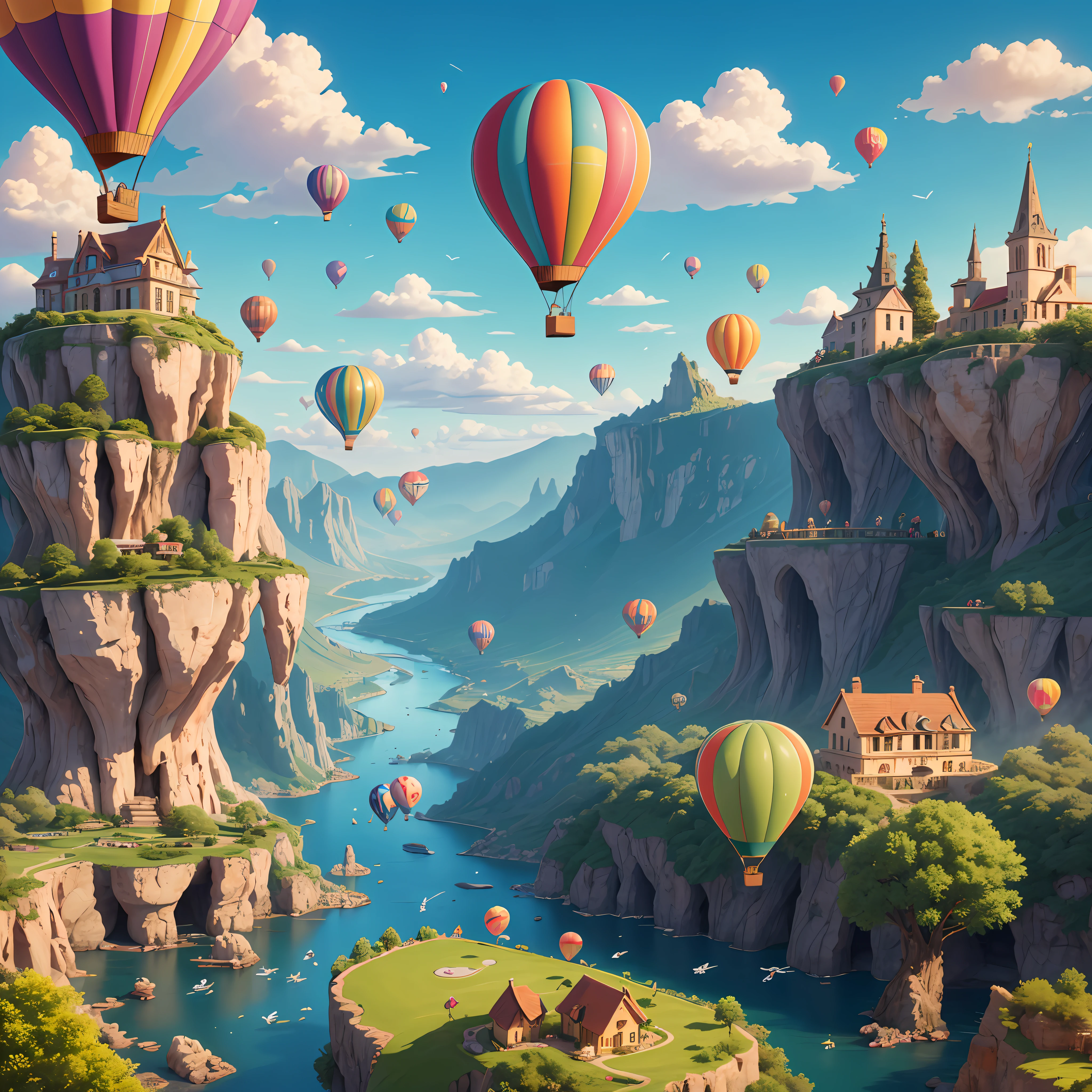 best quality,ultra-detailed,16k,masterpiece,Fantasy,sky,cloudy,beatiful city on cloud,water,waterfall,cute creatures flying across the sky,illustration,hot air balloon,colorful,bright colors,fun