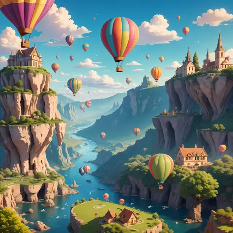 best quality,ultra-detailed,16k,masterpiece,fantasy,sky,cloudy,beatiful city on cloud,water,waterfall,cute creatures flying acro...