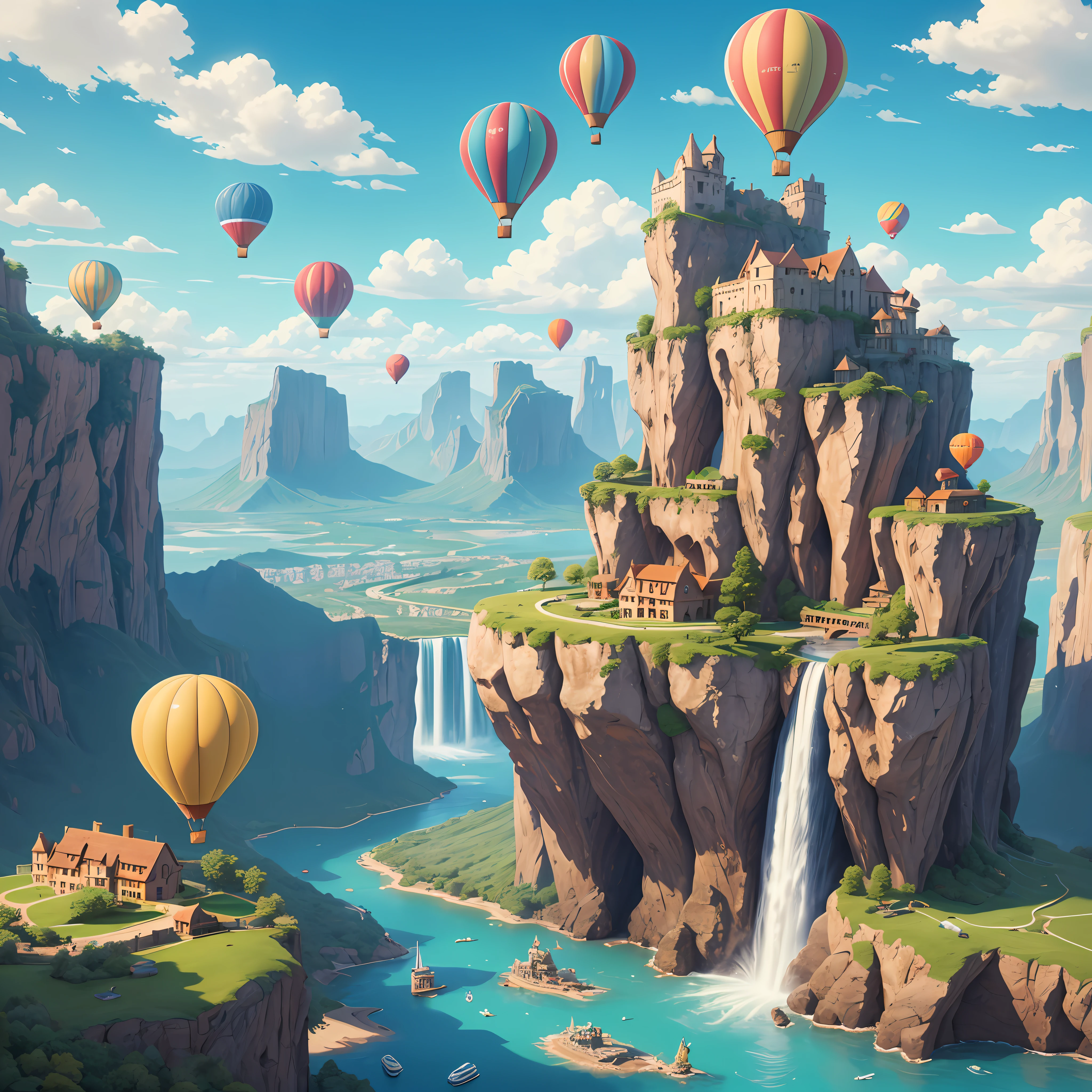 best quality,ultra-detailed,16k,masterpiece,Fantasy,sky,cloudy,beatiful city on cloud,water,waterfall,cute creatures flying across the sky,illustration,hot air balloon,colorful,bright colors,fun