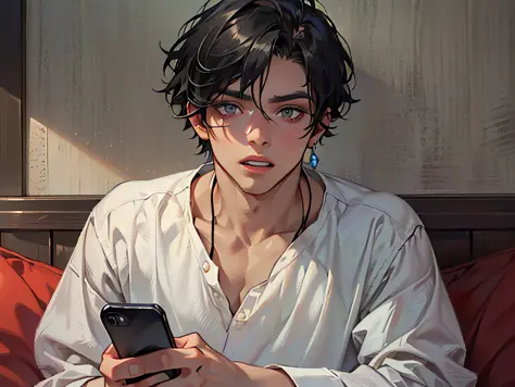 (a boy in a white shirt with short black hair sitting on the sofa looking at the camera: 1.5) (holding a mobile phone in his han...