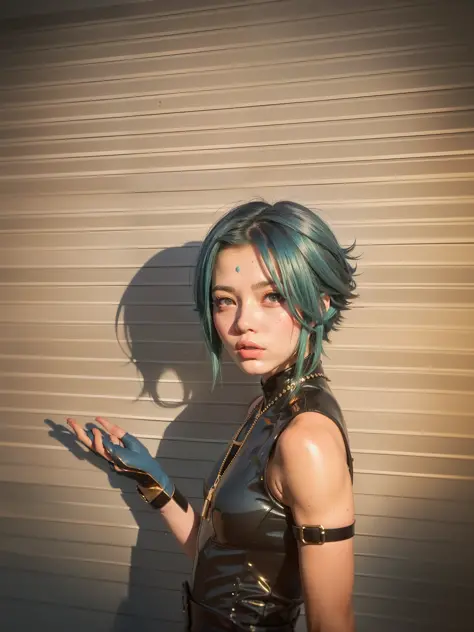 Arad woman posing for photo with blue hair and black gloves, anime inspiration, 8 0 s anime vibe, anime style mixed fujifilm, an...
