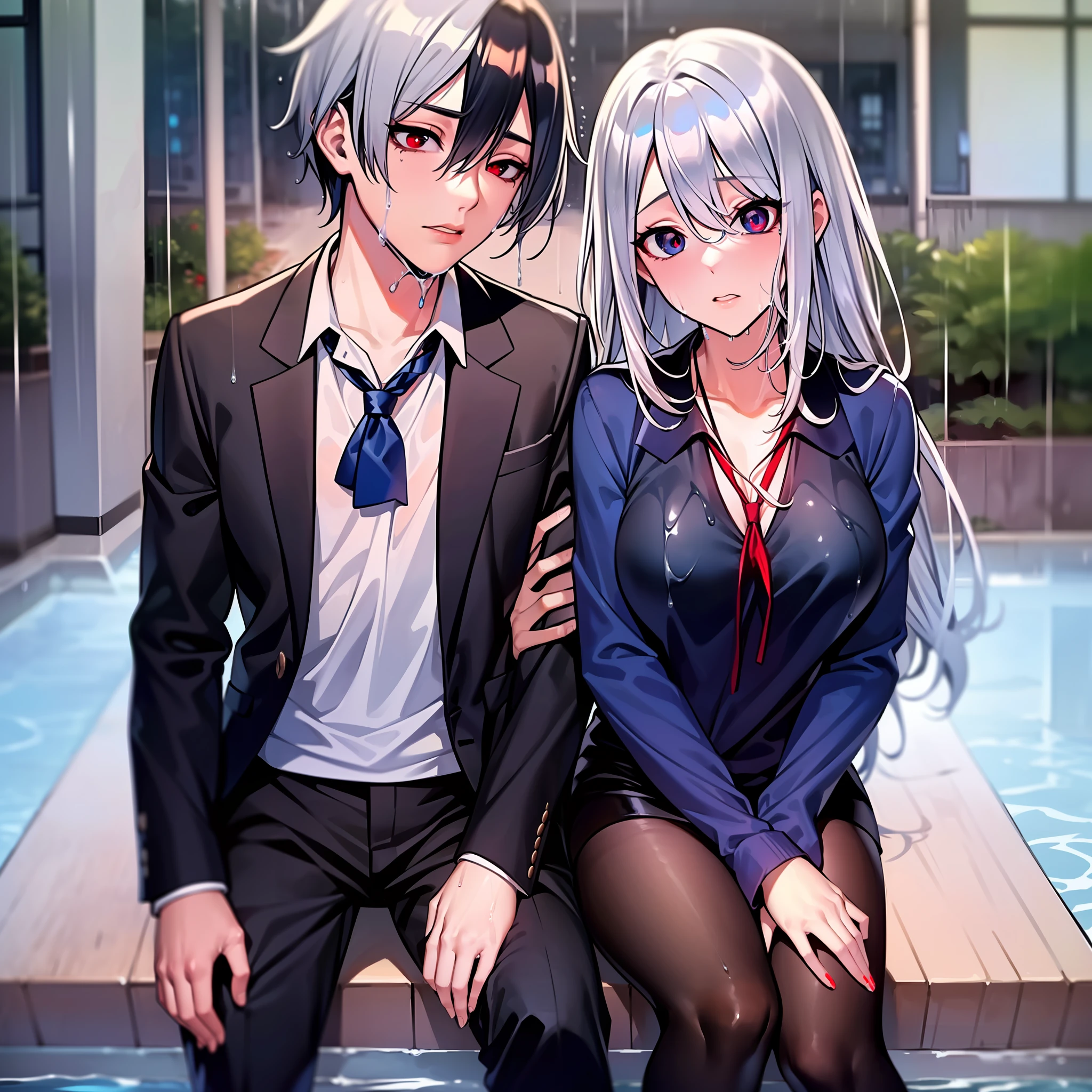 Masterpiece Best Quality Highres 1girl She Has Gray Hair With Blue Eyes And 1boy He 6831