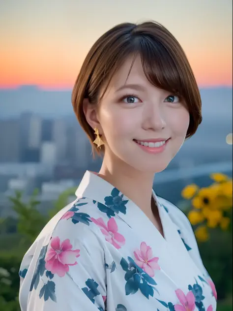 1girl,(wearing a yukata with floral pattern:1.2),(on a hill overlooking a city:1.4),(fireworks in the background:1.3),(raw photo...