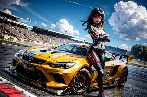 1girl,black hair,21 year old,racer clothes posing on top of a yellow race car,race tracks